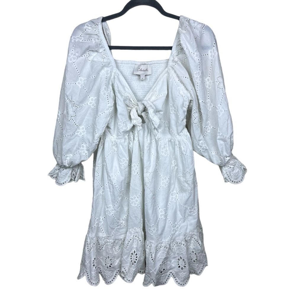 Cleobella Leona Mini Dress - Ivory S Eyelet Smocked Ruffle - Picture 3 of 12